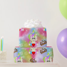 Papel De Presente Rainbow Bokeh Unicorns e Crowns