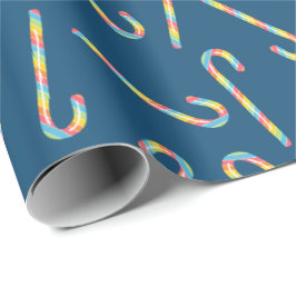 Papel De Presente Rainbow Candy Canes Dark Blue Natal