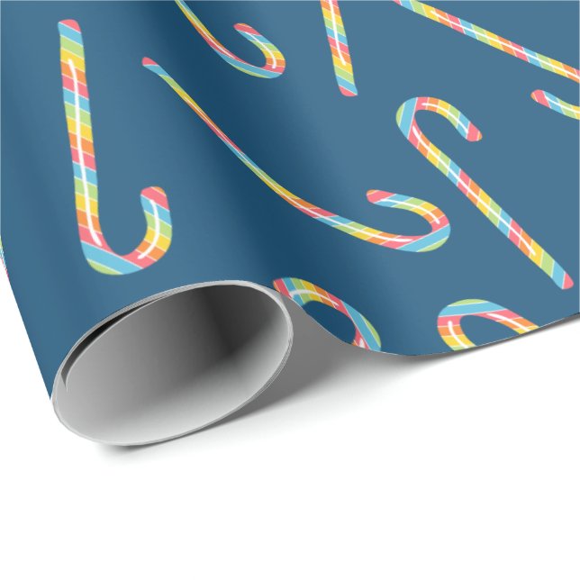 Papel De Presente Rainbow Candy Canes Dark Blue Natal (Ponta do rolo)