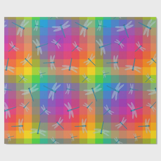 Papel De Presente Rainbow Check with Dragonflies (Aberto)