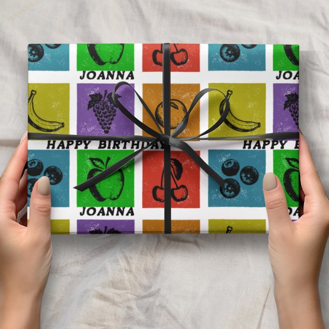 Papel De Presente Rainbow Checker Fruit Stamps Happy Birthday Name  (Criador carregado)