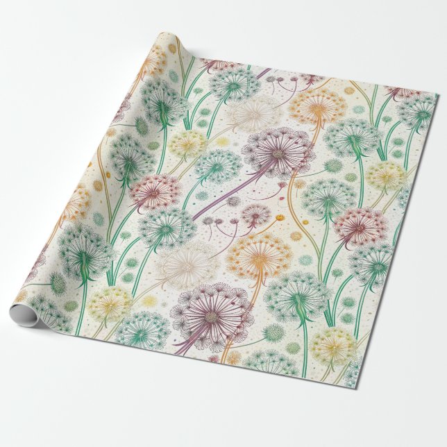 Papel De Presente Rainbow Dandelion Breeze - Whimsical Floral (Desenrolado)