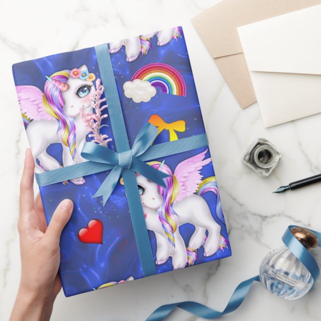 Papel De Presente Rainbows e Unicorns Blue Silk (Criador carregado)