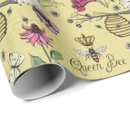 Papel De Presente Rainha Abelha Amarela Floral Elegante do Dia das M
