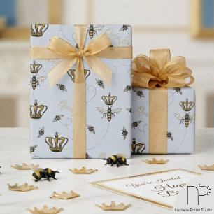 Papel De Presente Rainha Abelha Coroa Dourada Azul Chic
