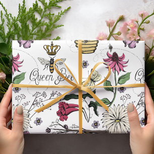 Papel De Presente Rainha Abelha e Flores Dia das Mães Elegante