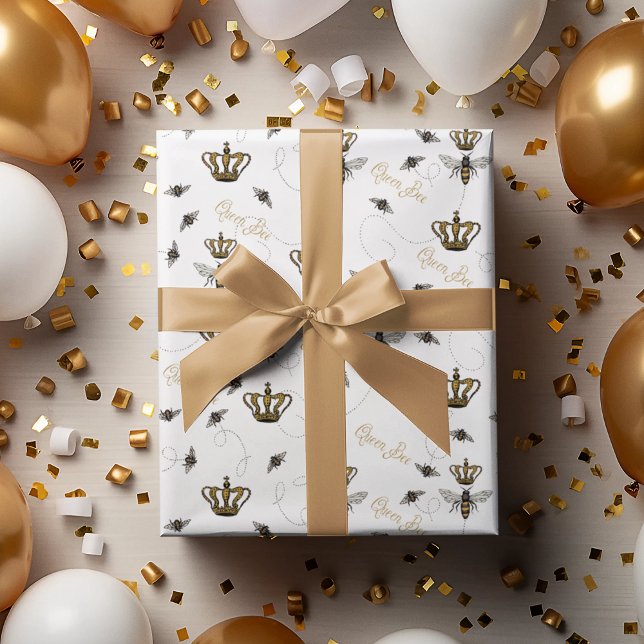 Papel De Presente Rainha Abelha Elegante Coroa Dourada Branca (Elegant White Queen Bee Pattern. Queen Bee, Gold Crown & Buzzing Bees Drawing. Queen Bee Typography)