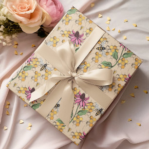 Papel De Presente Rainha Abelha Romântica Dourada, Mel e Flores