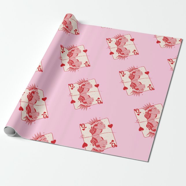 Papel De Presente Rainha de Copas Arte Préppy Vermelha e Rosa (Desenrolado)
