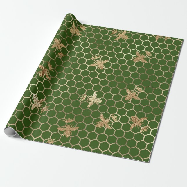 Papel De Presente Rainhas Douradas Abelhas e Honeycomb em Verde (Desenrolado)