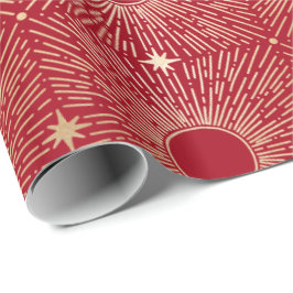 Papel De Presente Raios Sol, Estrelas, Astrológicas, Douradas, Verme