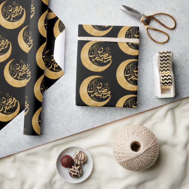 Papel De Presente Ramadã Mubarak negro e Dourado | Presente Ramadã (Artesanato)