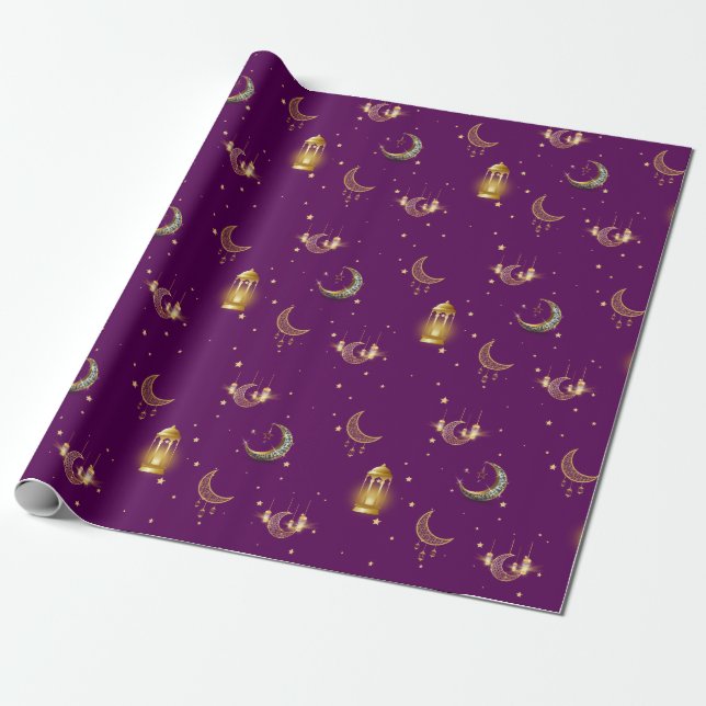 Papel De Presente Ramadan Kareem Eid Mubarak Roxo Escuro Islâmico (Desenrolado)