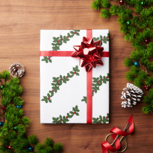 Papel De Presente Ramagens de Natal de Azevinho Vermelho Verde Branc