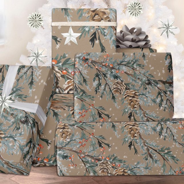 Papel De Presente Ramais Rustic Kraft Blue Juniper Branches Cones &  (Blue Juniper Branches Cones & Red Berries Holiday Christmas Kraft Wrapping Paper Rolls)