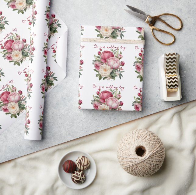 Papel De Presente Ramalhete de Peônias Rosa, Vermelho e Branco para  (Artesanato)