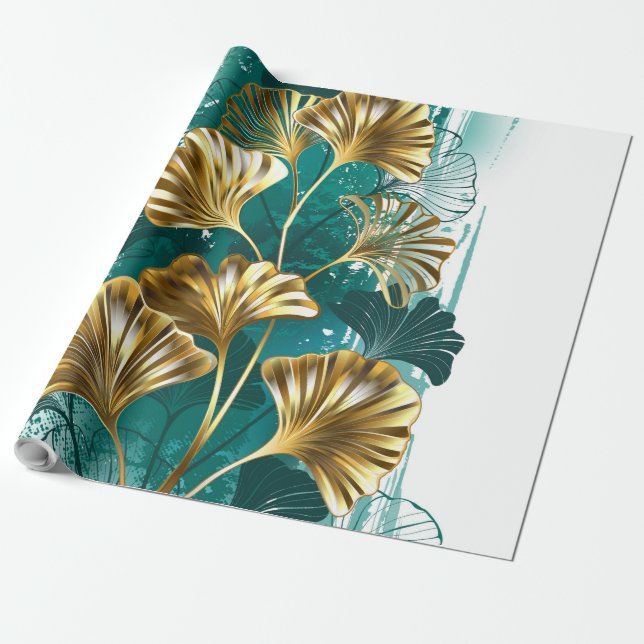 Papel De Presente Ramificação com Ouro deixa Ginko Biloba (Desenrolado)