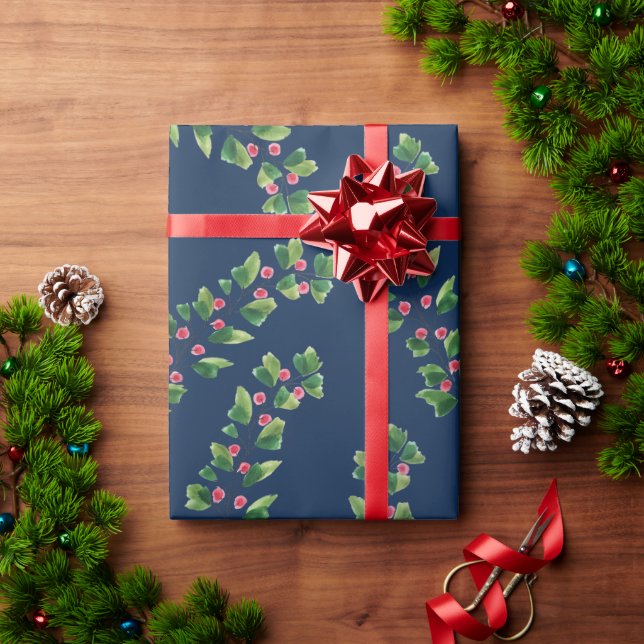Papel De Presente Ramificações de Berry Vermelho e Verde Azul (Presente de Natal)