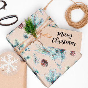 Papel De Presente Raminhos de Pinha em Aquarela Kraft Natal
