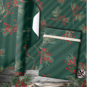 Papel De Presente Raminhos de Pinheiro Branco Frutos de Ilex Verde E