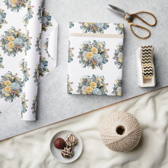 Papel De Presente Ramo de Noiva com Rosas Azuis e Amarelas (Artesanato)