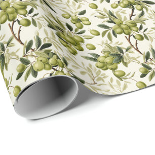 Papel De Presente Ramo de Oliveira Verde Padrão Mediterrâneo