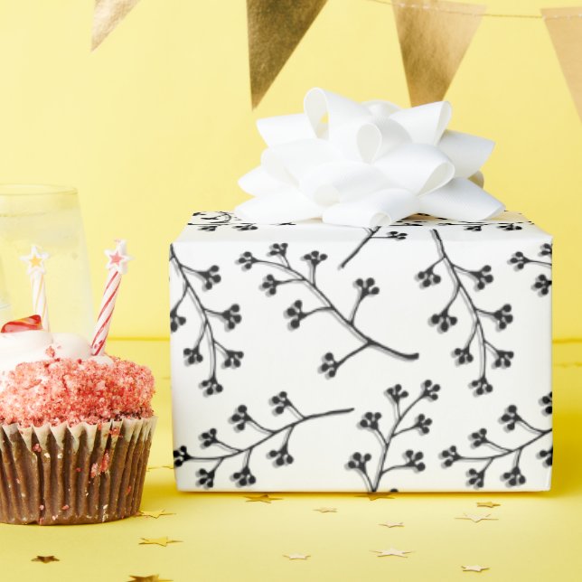 Papel De Presente ramo de planta preto sobre branco (Festa de aniversário)