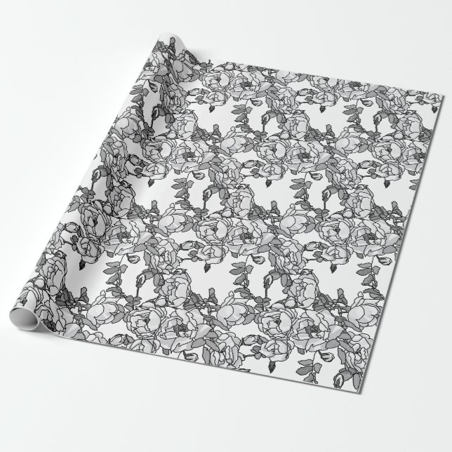 Papel De Presente Ramo de Rosa Escala Cinza (Desenrolado)