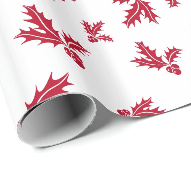 Papel De Presente Ramo Vermelho de Folhas e Frutas de Azevinho (Ponta do rolo)