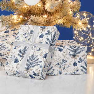 Papel De Presente Ramos de árvore de Natal nórdicos Creme Branco Azu