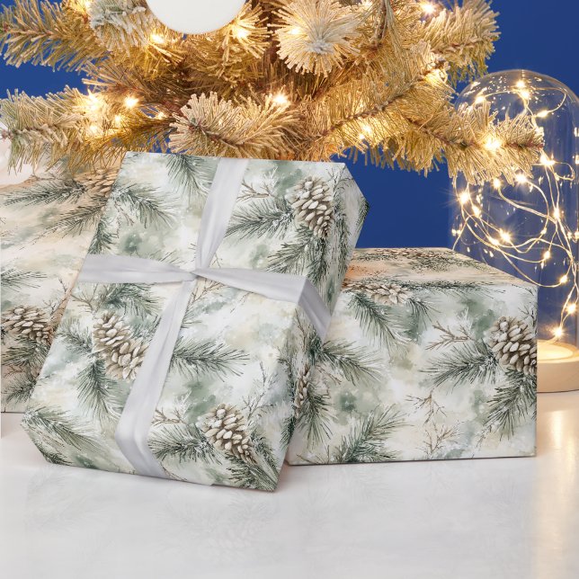 Papel De Presente Ramos de árvore de Natal verde pinhas (Feriados)