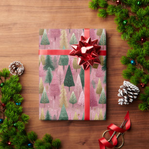 Papel De Presente Ramos de Árvore Elegantes em Arte de Férias Rosa