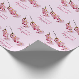 Papel De Presente Ramos de Flor de Cerejeira Rosa Feliz Aniversário
