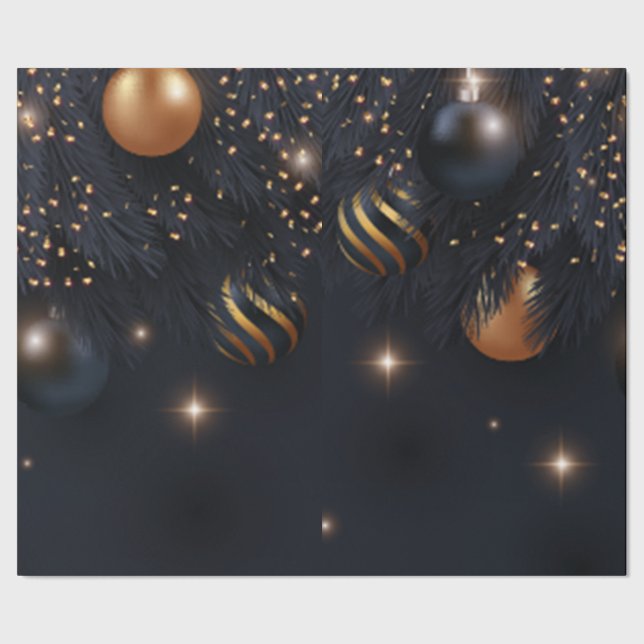 Papel De Presente Ramos de Pinheiro, Bolas de Natal Pretas (Barra)