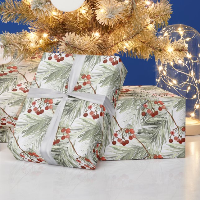 Papel De Presente Ramos de Pinheiro de Natal e Bagas Vermelhas   (Feriados)