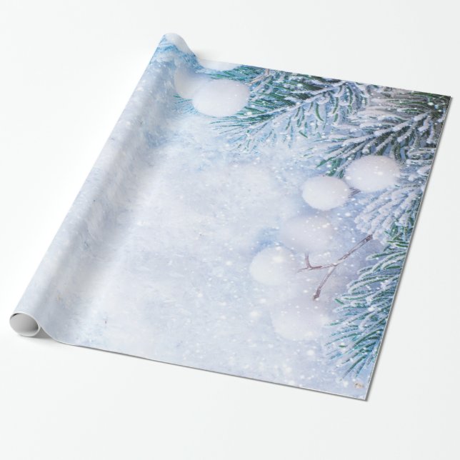 Papel De Presente Ramos de Pinheiro, Neve (Desenrolado)