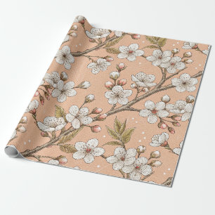 Papel De Presente Ramos de Sakura em Pêssego Botânico Floral Branco