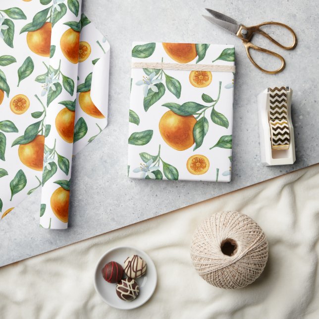 Papel De Presente Ramos de Tangerina, Folhas e Flores  (Artesanato)