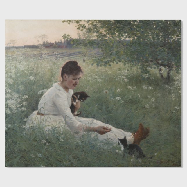 Papel De Presente Rapariga com Gatos na Paisagem de Verão (Kittens) (Aberto)