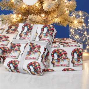 Papel De Presente Rapariga de Natal Gnomo com chapéu Xadrez