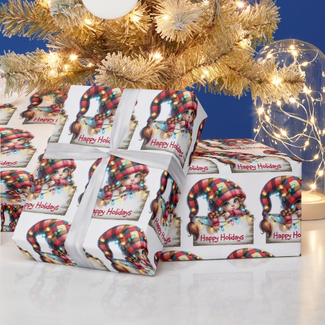 Papel De Presente Rapariga de Natal Gnomo com chapéu Xadrez (Feriados)