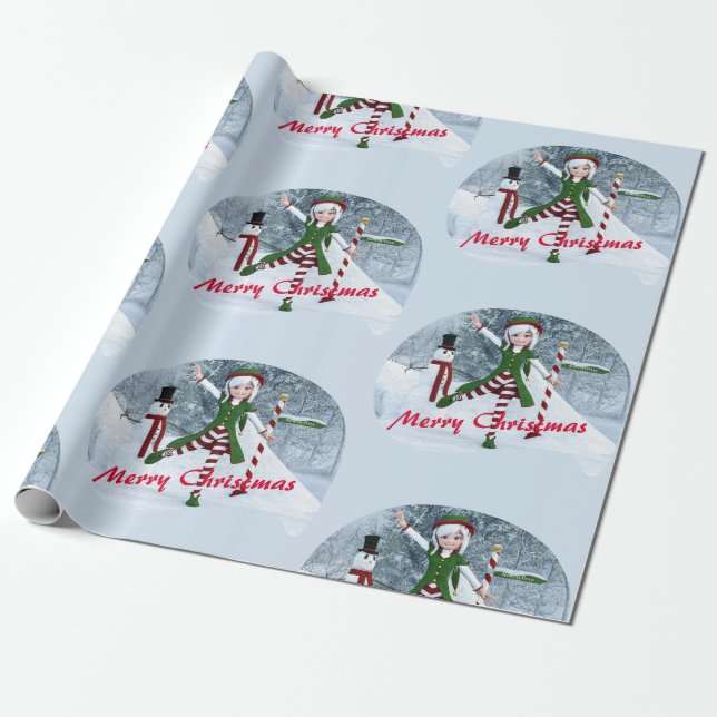 Papel De Presente Rapariga de Natal numa Floresta de inverno (Desenrolado)