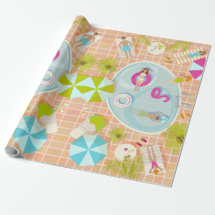 Papel De Presente Raparigas Bikini e caras jogando piscina de nataçã