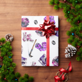 Papel De Presente Raparigas De Ice De Hóquei No Gelo Rosa Púrpura