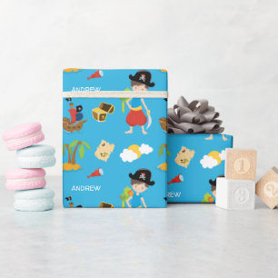 Papel De Presente Rapaz Pirata com tesouro, papagaio e nome próprio