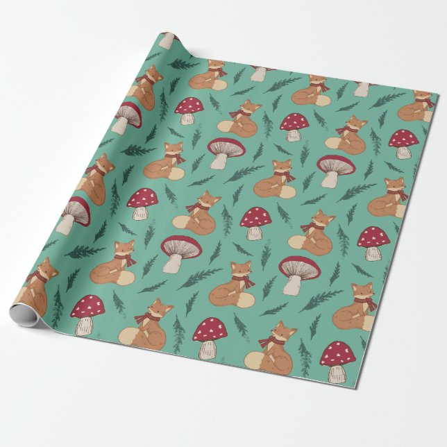 Papel De Presente Raposa Bonita com Cogumelos. Turquesa. (Desenrolado)