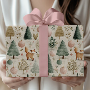Papel De Presente Raposa de Inverno e Árvore de Natal com Ornamento 