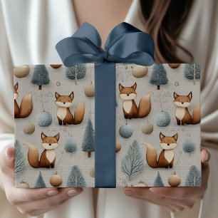 Papel De Presente Raposa-de-inverno e árvore de Natal em azul