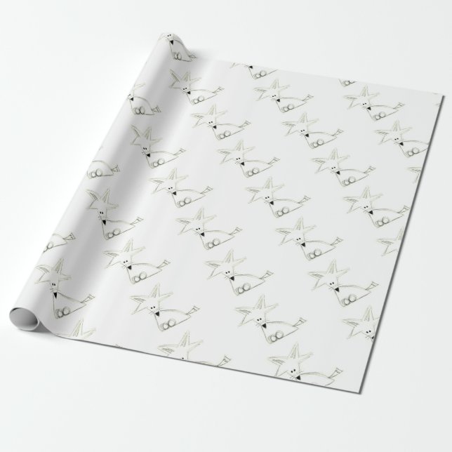 Papel De Presente raposa desenho simples preto branco cinza infantil (Desenrolado)