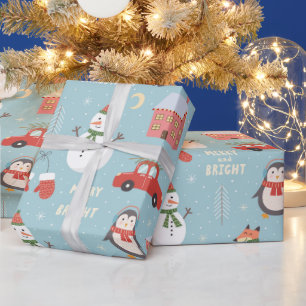 Papel De Presente Raposa Divertida Boneco de Neve Pinguim e Carro Na